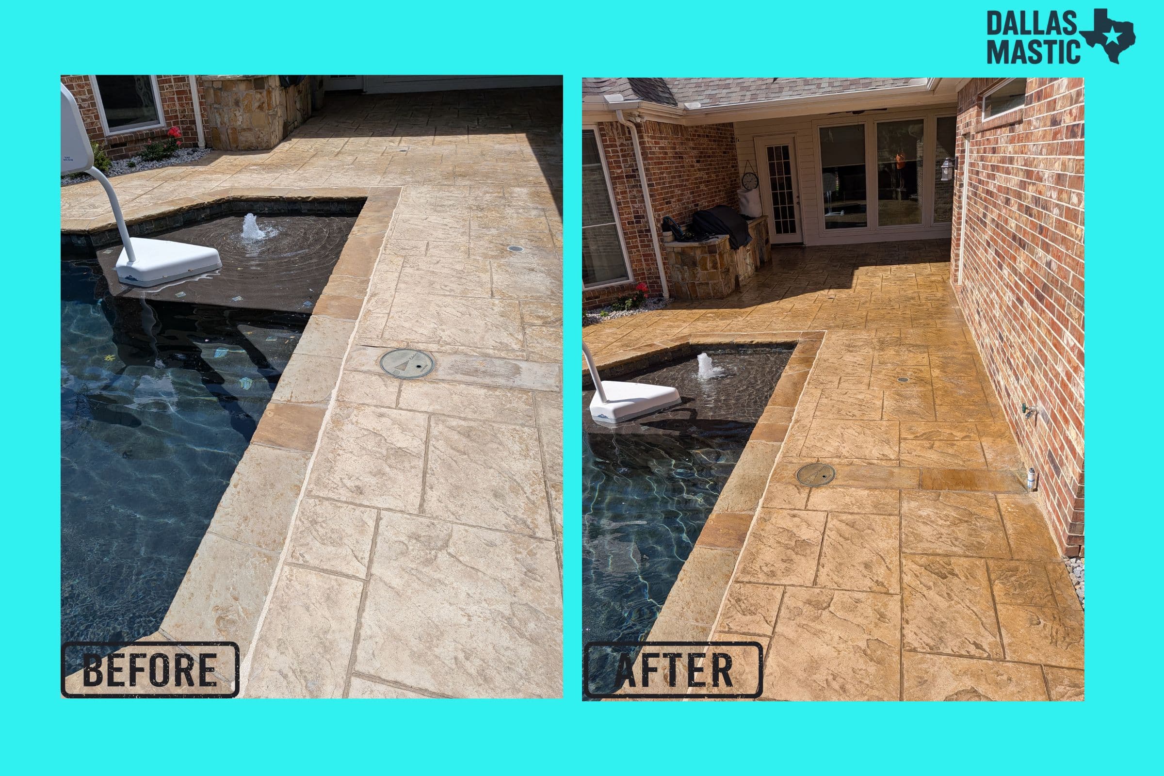 Before and after stamped concrete pool deck sealing project in Dallas-Fort Worth